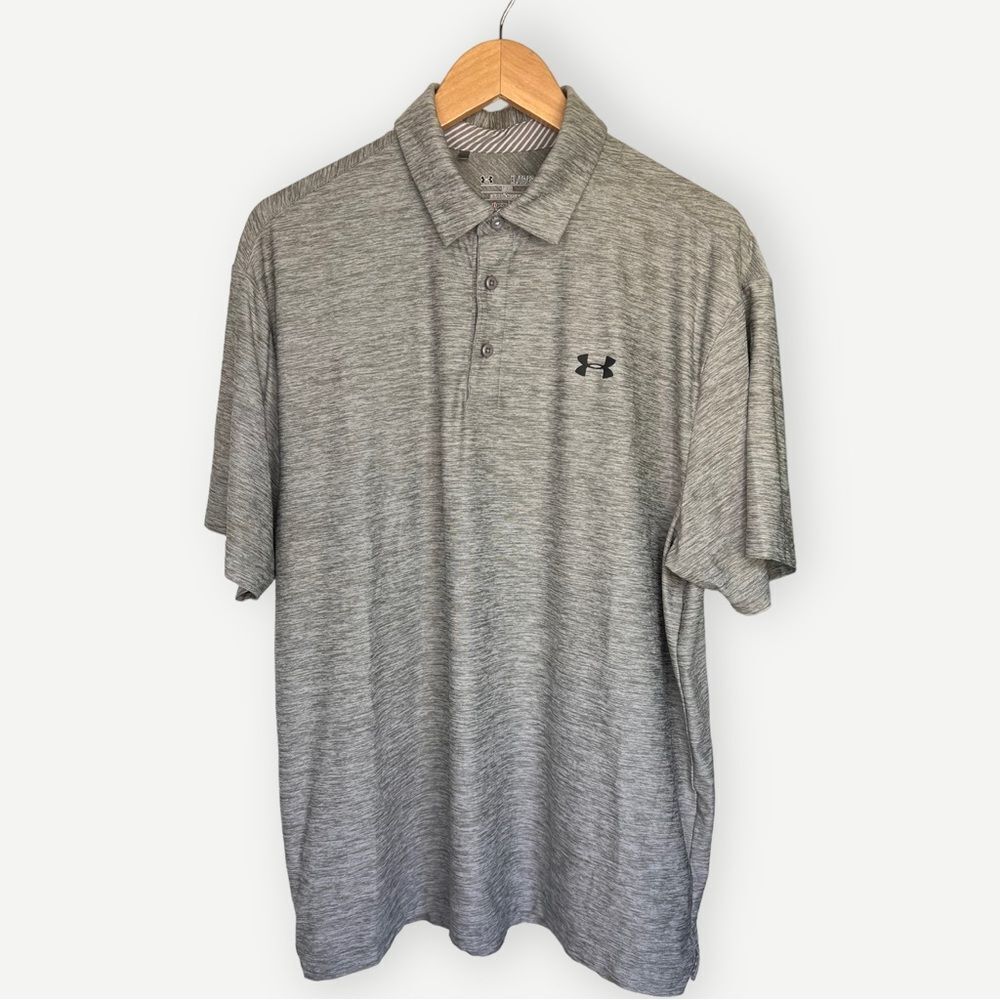 Under Armour HeatGear Short Sleeve Gray Loose Fit Logo Collared Polo Shirt. XL.